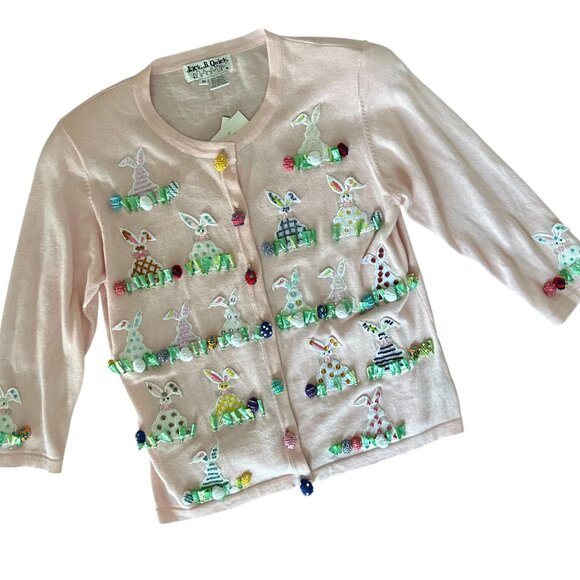 NWT Jack B Quick Easter Bunny Pink Cardigan Embroidered Sequins Size Medium Rare - Picture 1 of 11